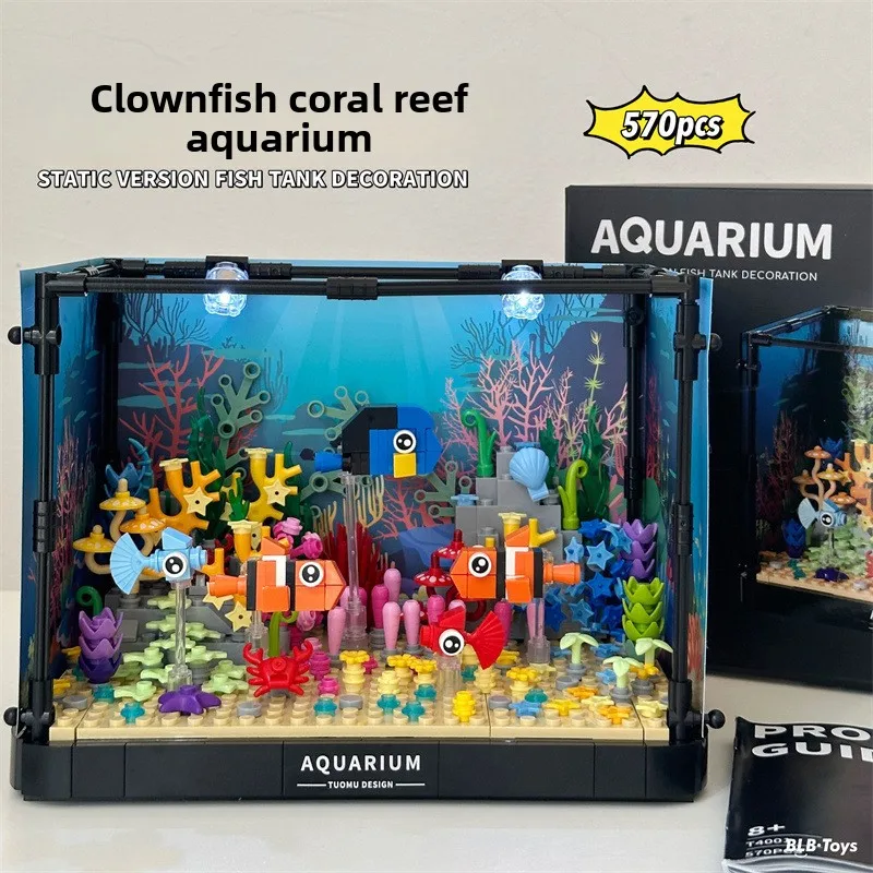 T4001 Marine Aquarium Building Blocks Set with Light DIY Clownfish Fish Tank Model Assembled Desktop Ornament Gift Toy