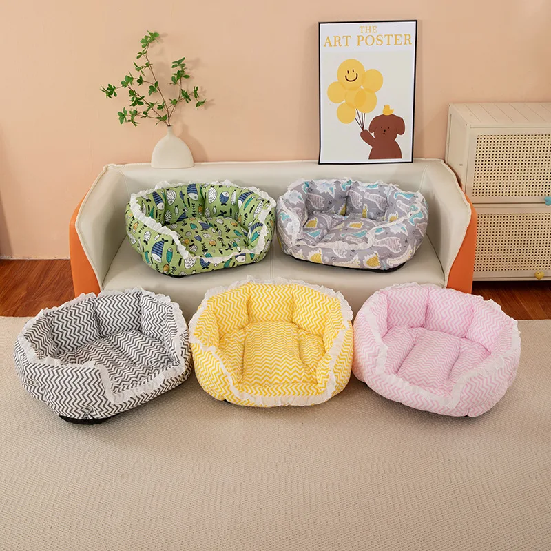 Thickened Warm Cotton Lined Round Pet Bed for S M Dogs Cats Durable Bite Resistant All Seasons Animal Print Lace Trim Design