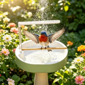 USB Quiet Pump Adjustable Flow Wooden Perch Rain Shower Garden Pet Bird Bath Fountain Tub for Birds