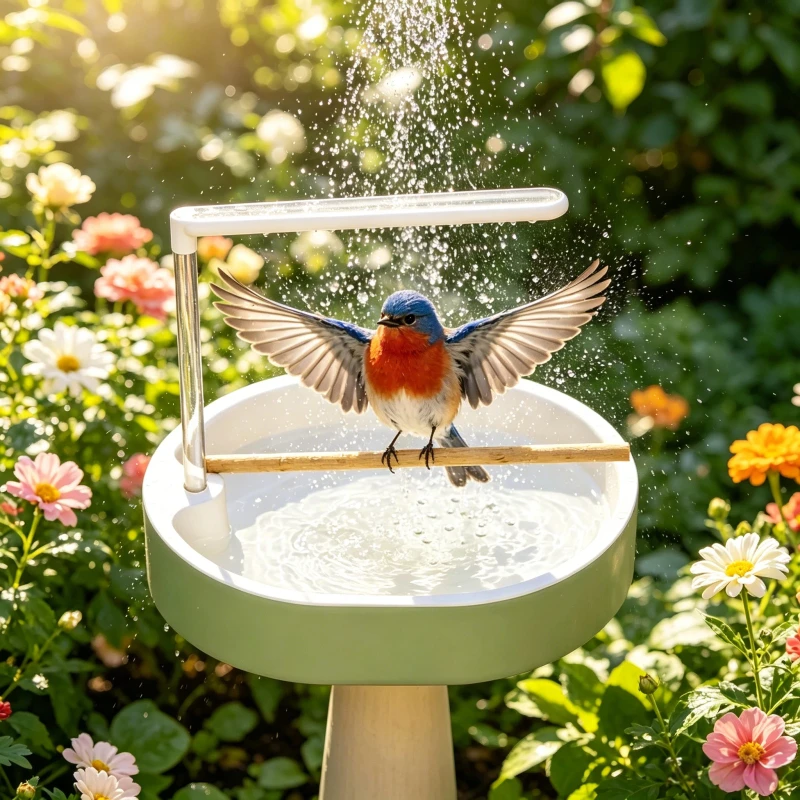 USB Quiet Pump Adjustable Flow Wooden Perch Rain Shower Garden Pet Bird Bath Fountain Tub for Birds