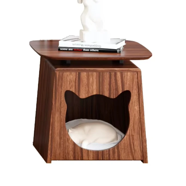 Unique Walnut Wood Side Coffee Table with Adorable Cat Shaped Pet House Ideal for Pet Loving Living Room Decor and Storage