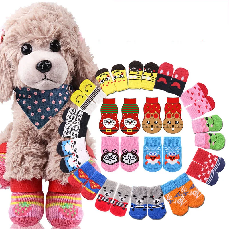 Warm Puppy Dog Shoes Soft Breathable Pet Knits Socks Anti Slip Skid Design Cute Dachshund Cartoon Print Cats Christmas Style