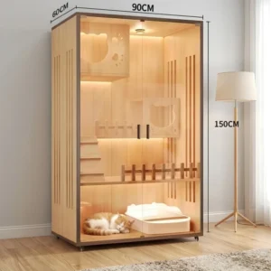 Waterproof Wooden Cat House with Sliding Glass Door Ventilation and Scratching Post for Indoor Cats