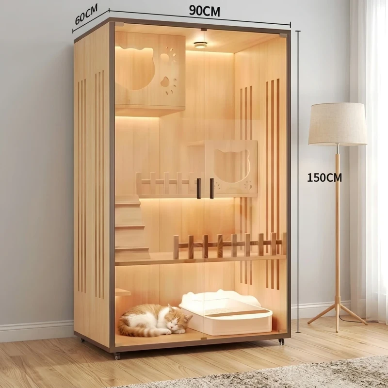 Waterproof Wooden Cat House with Sliding Glass Door Ventilation and Scratching Post for Indoor Cats