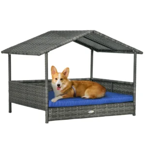 Wicker Dog House Outdoor with Canopy Rattan Dog Bed with Water Resistant Cushion Replacement and Washable Raised Pet Bed