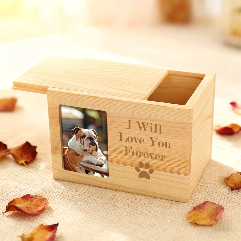 Wood Pet Memorial Urn for Ashes Photo Display pet caskets wooden coffins Sliding cover lid pet memory box wooden pet urn