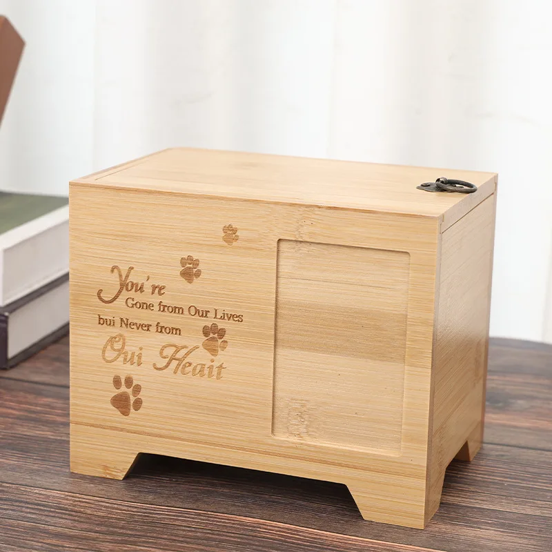 Wooden Box Pet Urn Ash Placement with Photo Frame for Pet Memorial and Funeral Rectangular Design Pet Coffin Funeral Supplies