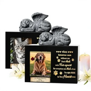 Wooden Cremation Pet Urn with Custom Text Angel Puppy Design Photo Frame Dog Funeral Supplies