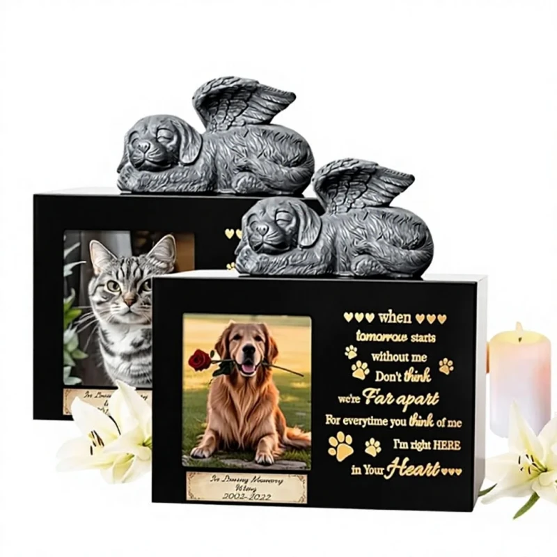 Wooden Cremation Pet Urn with Custom Text Angel Puppy Design Photo Frame Dog Funeral Supplies