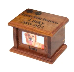 Wooden Memorial Pet Casket Cremation Urn with Removable Photo Frame for Animal Ashes Keepsake