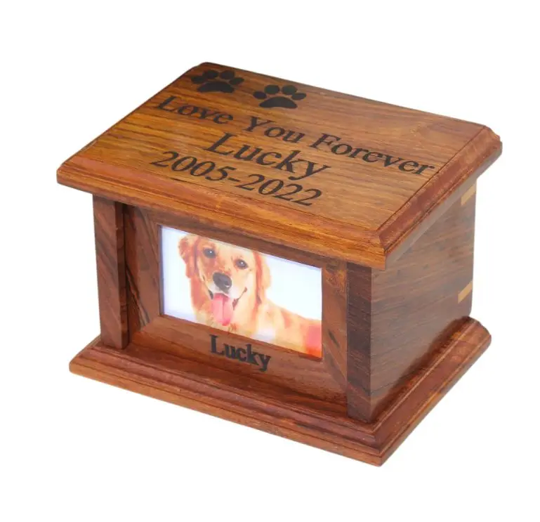 Wooden Memorial Pet Casket Cremation Urn with Removable Photo Frame for Animal Ashes Keepsake