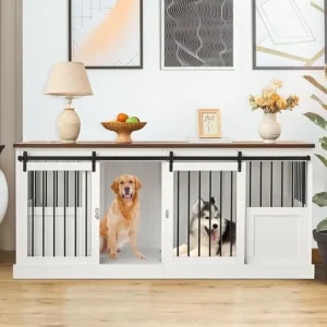 pet cages & houses Large Wood Modern Dog Crate 71″ Indoor Dog House Furniture with Tray Heavy Duty XXL Removable Divider Panel and Sliding Door