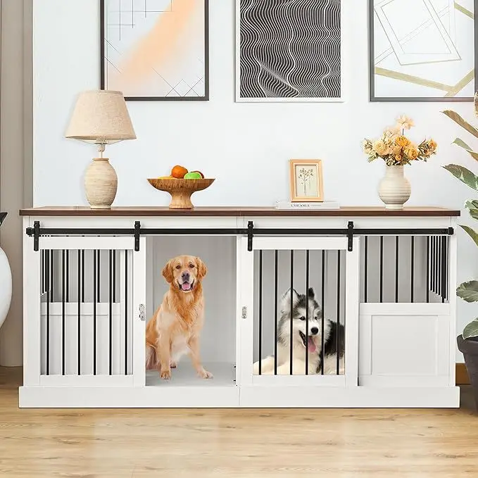 pet cages & houses Large Wood Modern Dog Crate 71" Indoor Dog House Furniture with Tray Heavy Duty XXL Removable Divider Panel and Sliding Door